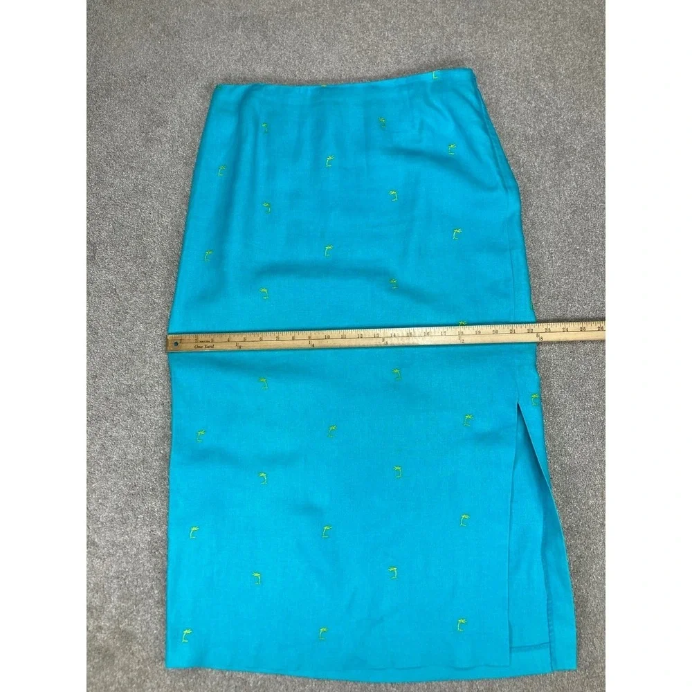 David Brooks VTG Linen Embroidered Midi Skirt Womens 14 Blue Summer Coastal Chic